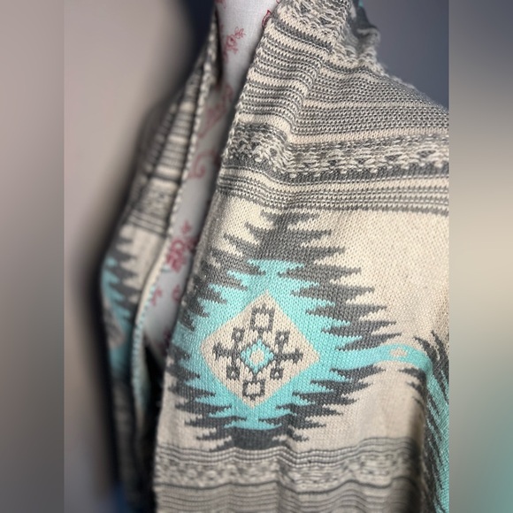 DREAMERS Gray Mint Aztec Southwestern Santa Fe Waterfall Open Cardigan sz Small - Picture 8 of 13